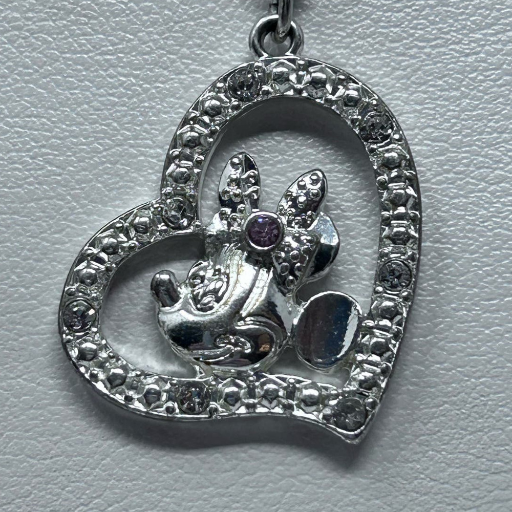 Disney Minnie Mouse Heart Jeweled Silver Plated Necklace Light Pink Stone in Bow